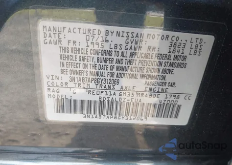 2016 Nissan Sentra z USA, uszkodzony, nr VIN 3N18B7AP8GY312069